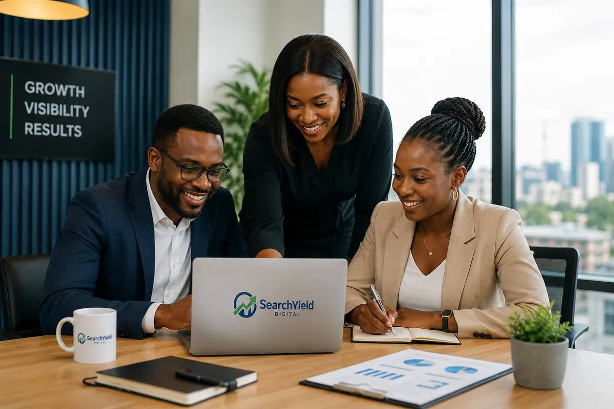 The SearchYield Digital team reviewing growth and visibility results together